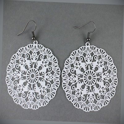White Round Earrings Cut Out Filigree Lace Scroll Circle 2.5" Long Verylight for Women