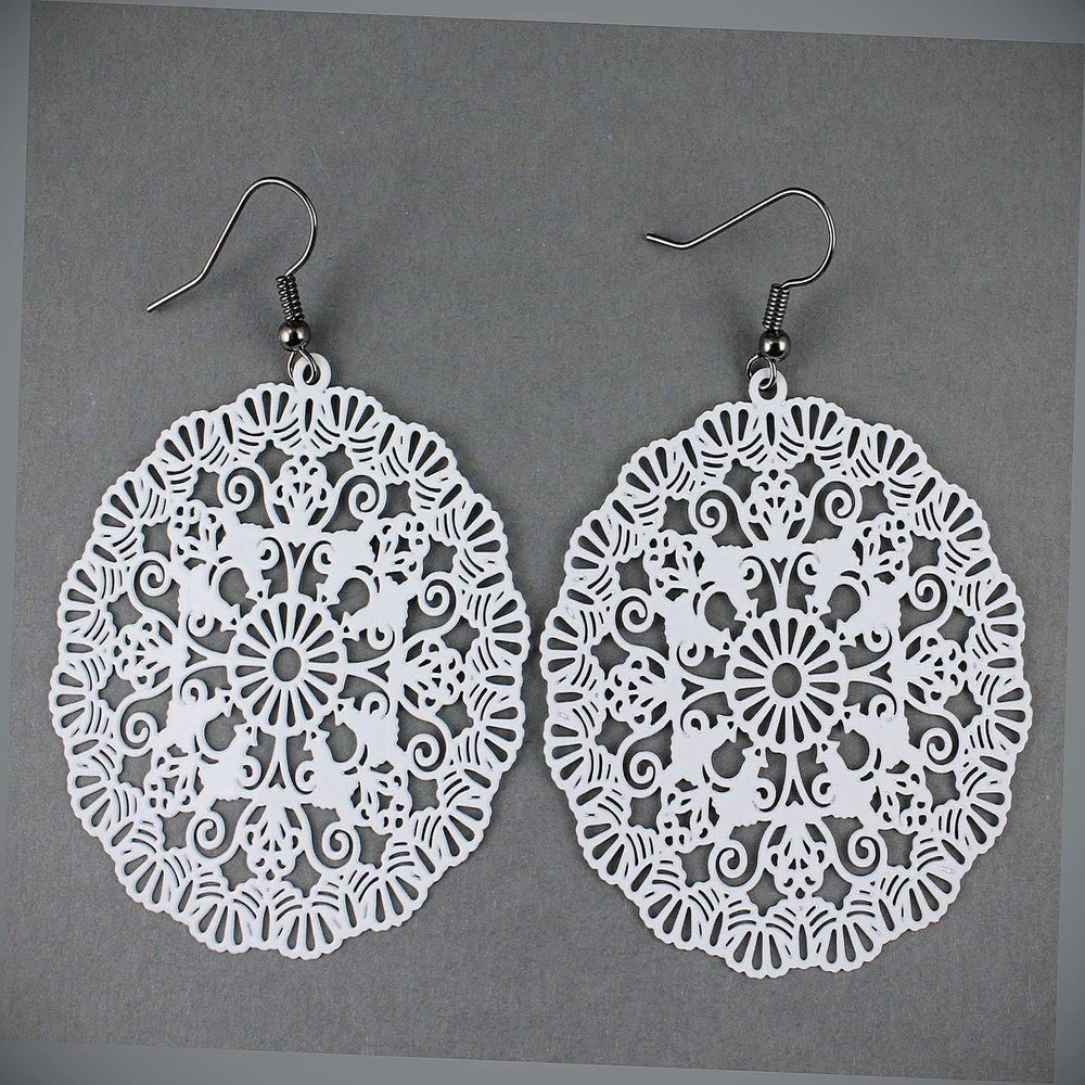 White Round Earrings Cut Out Filigree Lace Scroll Circle 2.5" Long Verylight for Women