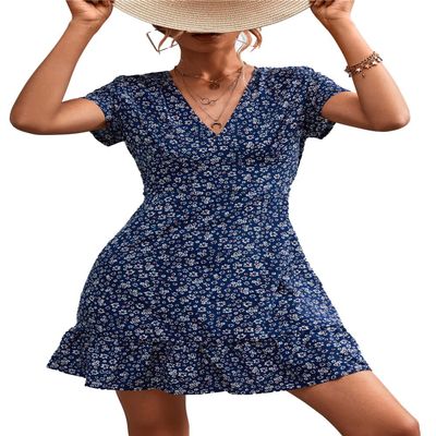 Women's Floral Polka Dots Print Short Sleeve V Neck Mini Dress Tiered Swing Flowy A Line Dress Summer Beach Short Dress (Dark Blue, S)