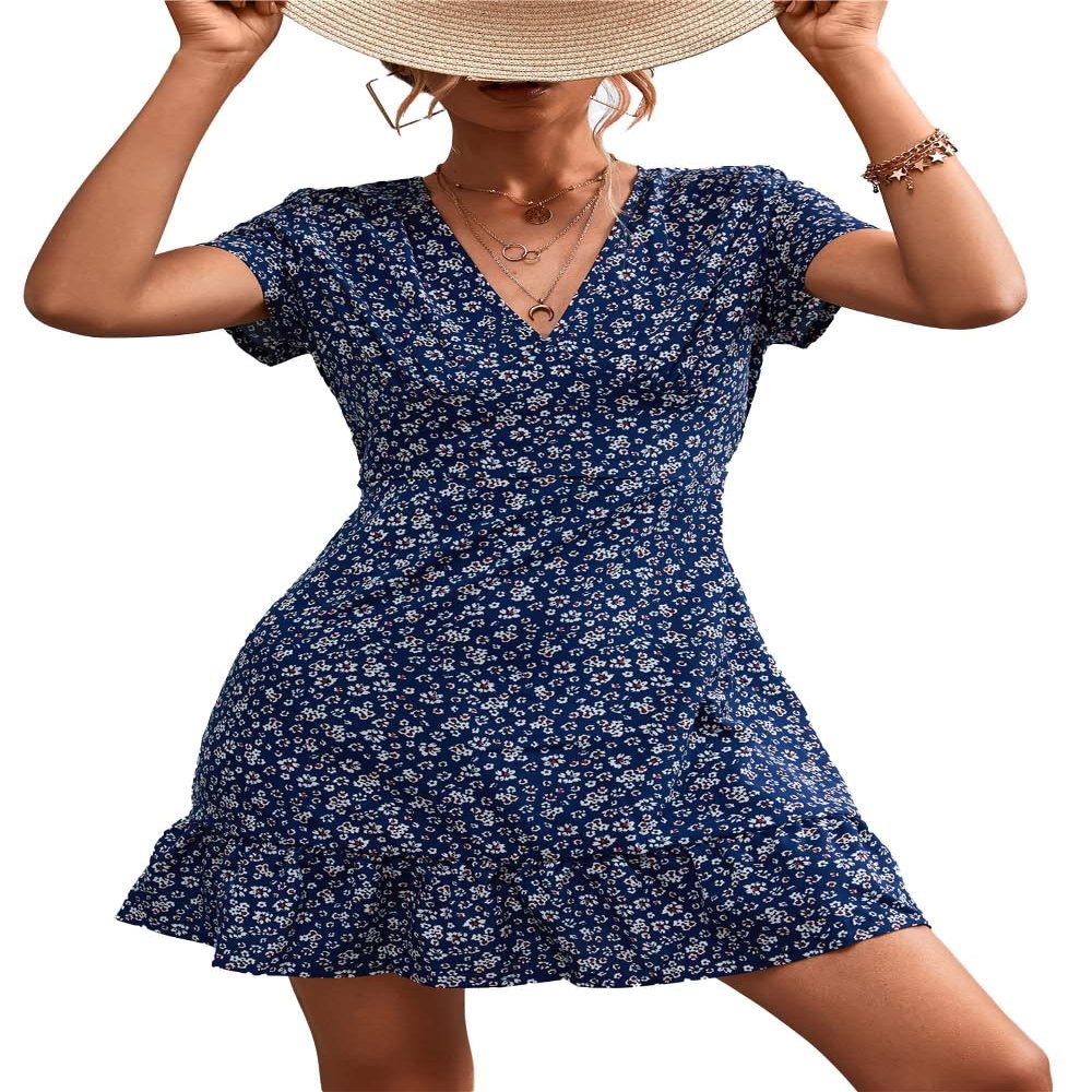 Women's Floral Polka Dots Print Short Sleeve V Neck Mini Dress Tiered Swing Flowy A Line Dress Summer Beach Short Dress (Dark Blue, S)