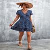 Women's Floral Polka Dots Print Short Sleeve V Neck Mini Dress Tiered Swing Flowy A Line Dress Summer Beach Short Dress (Dark Blue, S) view 2