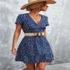 Women's Floral Polka Dots Print Short Sleeve V Neck Mini Dress Tiered Swing Flowy A Line Dress Summer Beach Short Dress (Dark Blue, S) view 4