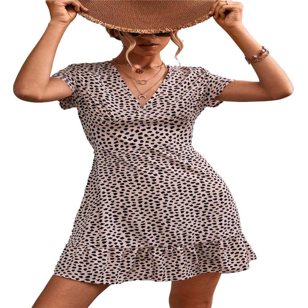 Women's Floral Polka Dots Print Short Sleeve V Neck Mini Dress Tiered Swing Flowy A Line Dress Summer Beach Short Dress (Beige, XL)