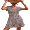 Women's Floral Polka Dots Print Short Sleeve V Neck Mini Dress Tiered Swing Flowy A Line Dress Summer Beach Short Dress (Beige, XL) view 1