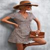 Women's Floral Polka Dots Print Short Sleeve V Neck Mini Dress Tiered Swing Flowy A Line Dress Summer Beach Short Dress (Beige, XL) view 2