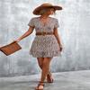 Women's Floral Polka Dots Print Short Sleeve V Neck Mini Dress Tiered Swing Flowy A Line Dress Summer Beach Short Dress (Beige, XL) view 4