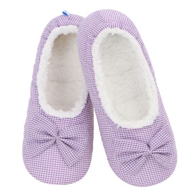 Snoozies Mini Gingham Ballerina Slippers for Women Indoor, Soft Sherpa-Lined Slipper Socks Non-Skid (Lilac, Medium)