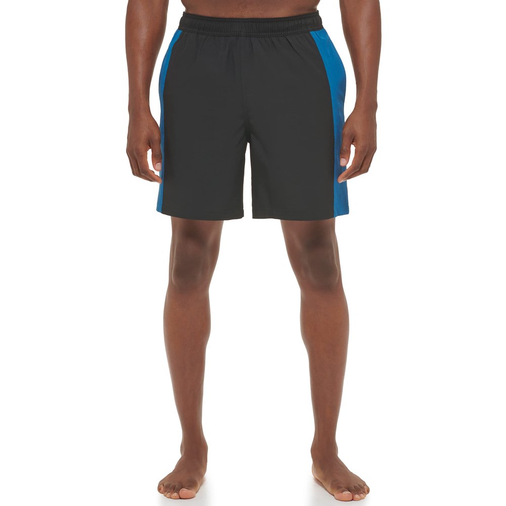 Calvin Klein Men's Standard UV Protected Quick Dry Elastic Wasitband Swim Trunk, Black/Blue, Small