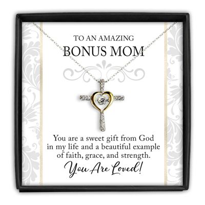Cross Dancing Necklace Bonus Mom Cross Necklace Gift for Mothers Day Silver Cubic Zirconia with 14K Gold plated Heart Jewelry with Meaningful Messa