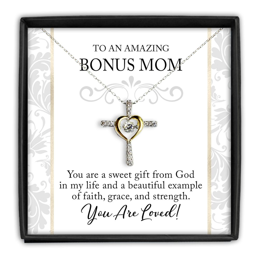 Cross Dancing Necklace Bonus Mom Cross Necklace Gift for Mothers Day Silver Cubic Zirconia with 14K Gold plated Heart Jewelry with Meaningful Messa