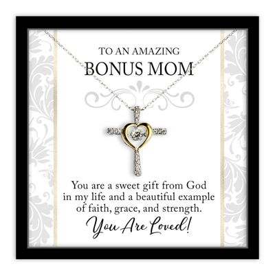 Cross Dancing Necklace Luxury Box Bonus Mom Cross Necklace Gift for Mothers Day Silver Cubic Zirconia with 14K Gold plated Heart Jewelry with Meani