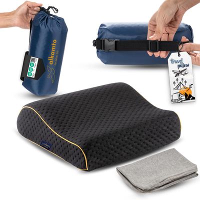alkamto Travel & Camping Comfortable Memory Foam Pillow Easy to Carry Portable Bag Temperature Regulating Pillow Case (Black Contour + Extra Cover)