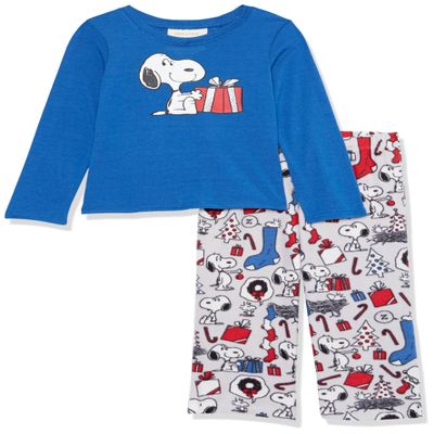 Nite Nite Munki Munki Kids' Toddler Boys' LS Tee and Pant Jersey PJ Set, Snoopy Holiday Cheer, 3