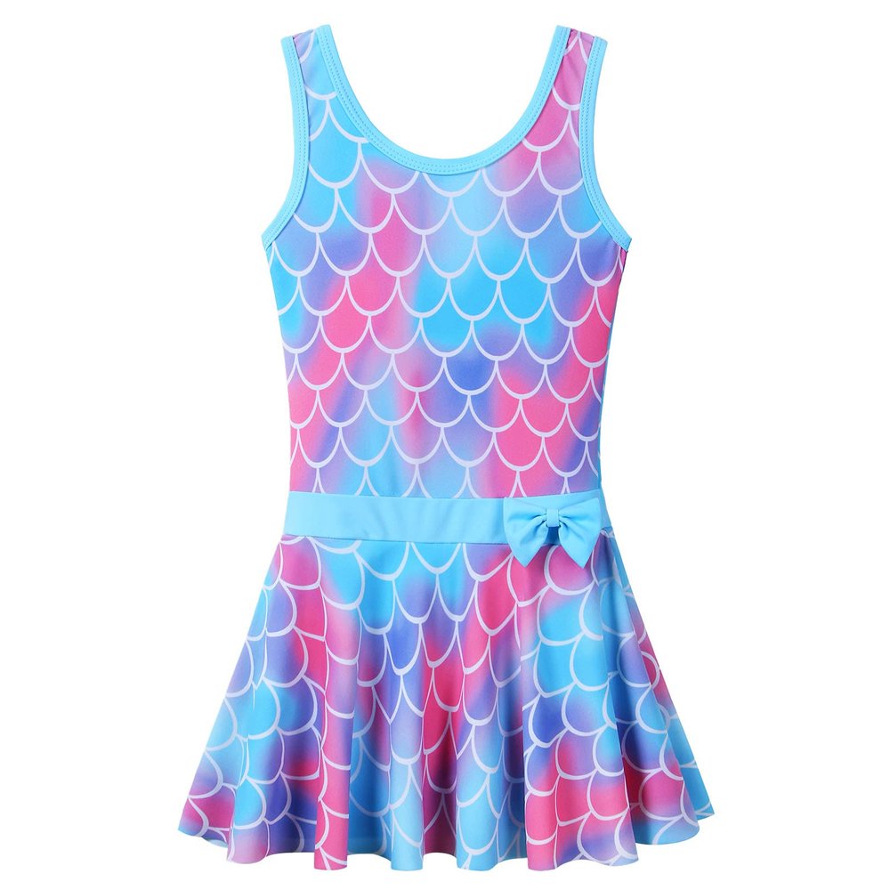 Girls Swimsuit One Piece UPF 50+ Floral Skirted Bathing Suit Modest Beach Swim Dress 3-8 Years S363_ScaleBlue_164/170