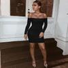 Womens Long Sleeves Bodycon Sexy Cold Off Shoulder Backless Fitted Summer Lace Up Blouson Thin Petite Evening Stylish Slim Club Party Prom Dress Black view 2