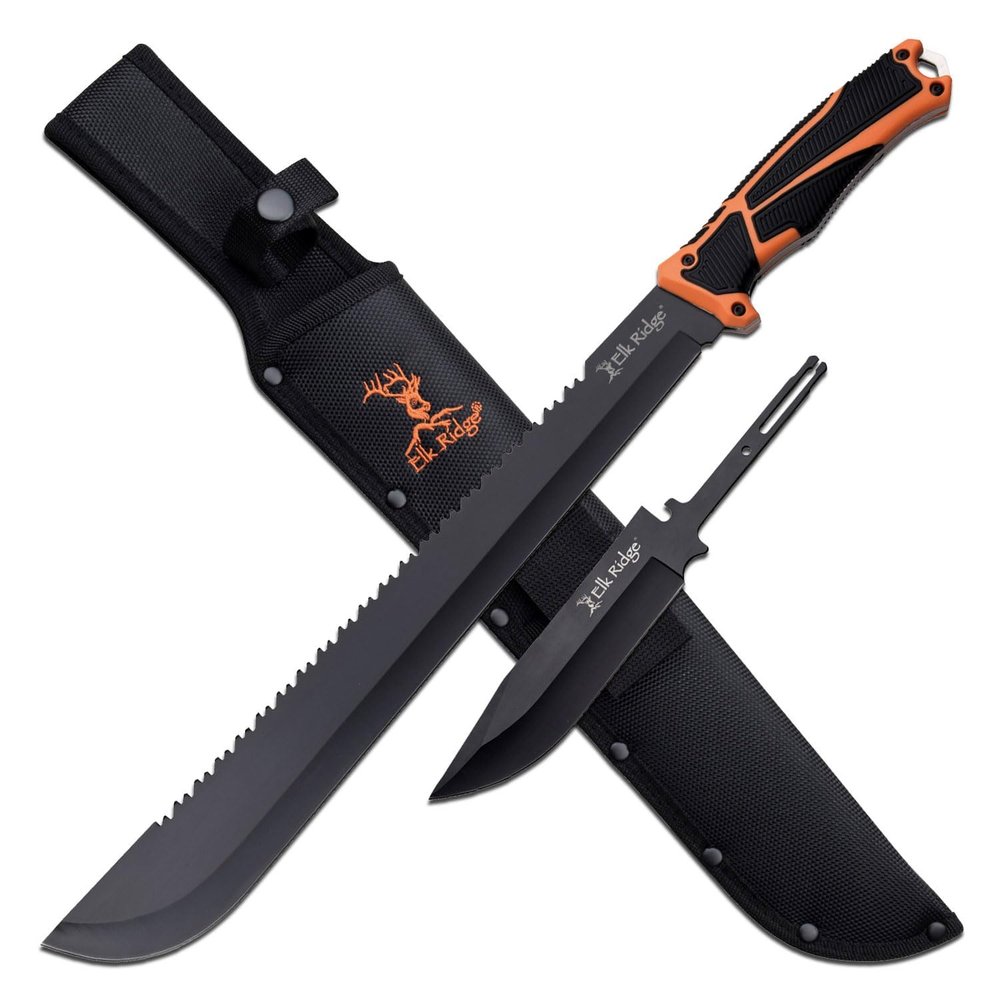 Elk Ridge - Outdoors TREK Interchangeable Machete with Sawback and Fixed Blade Knife, Orange and Black TPR Handle, Full Tang Construction, Hunting, Camping, Survival - ER-TKXG001