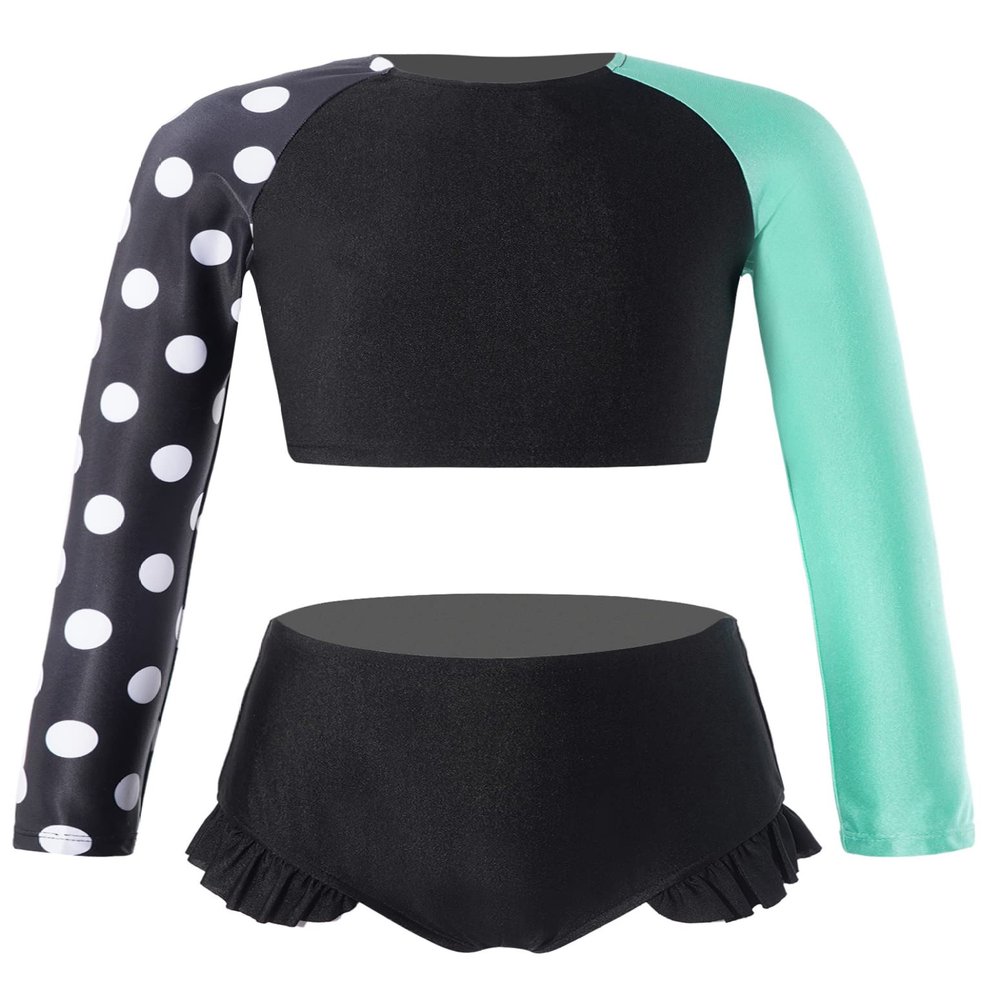 Loloda Big Girls Polka Dot Rash Guard Swimsuits Two Pieces Long Sleeve Top with Bottoms Bathing Suit Black 10 Years