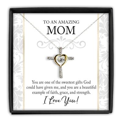 Cross Dancing Necklace Mom Cross Necklace Gift for Mothers Day Silver Cubic Zirconia with 14K Gold plated Heart Jewelry with Meaningful Message Car