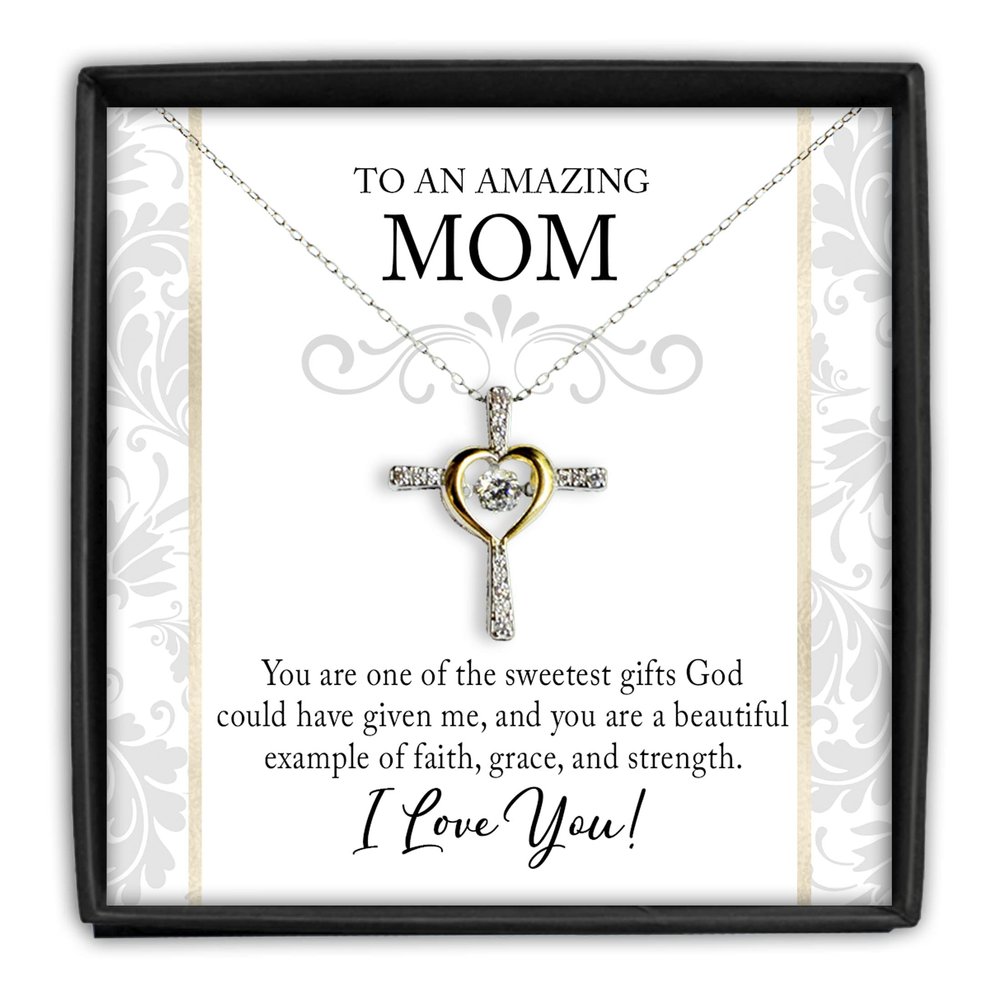 Cross Dancing Necklace Mom Cross Necklace Gift for Mothers Day Silver Cubic Zirconia with 14K Gold plated Heart Jewelry with Meaningful Message Car