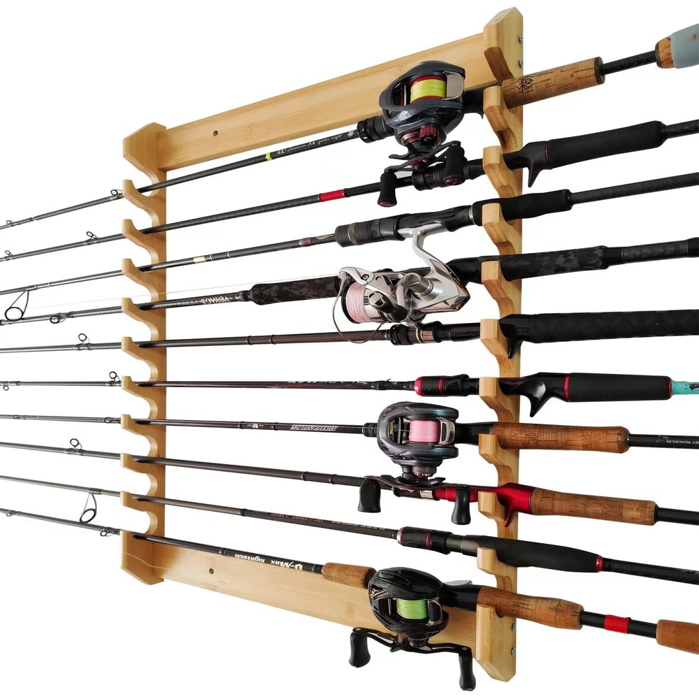 Ruisheng AT Wall Mounted Fishing Rod Holder 10-Position Fishing Rod Storage Rack Wall Fishing Pole Holder