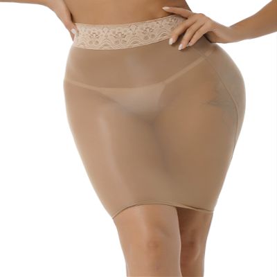 Oyolan Women Semi See-Through Glossy Pencil Skirt Lace Top High Waist Bodycon Skirts Stretch Mini Skirt Nude One Size