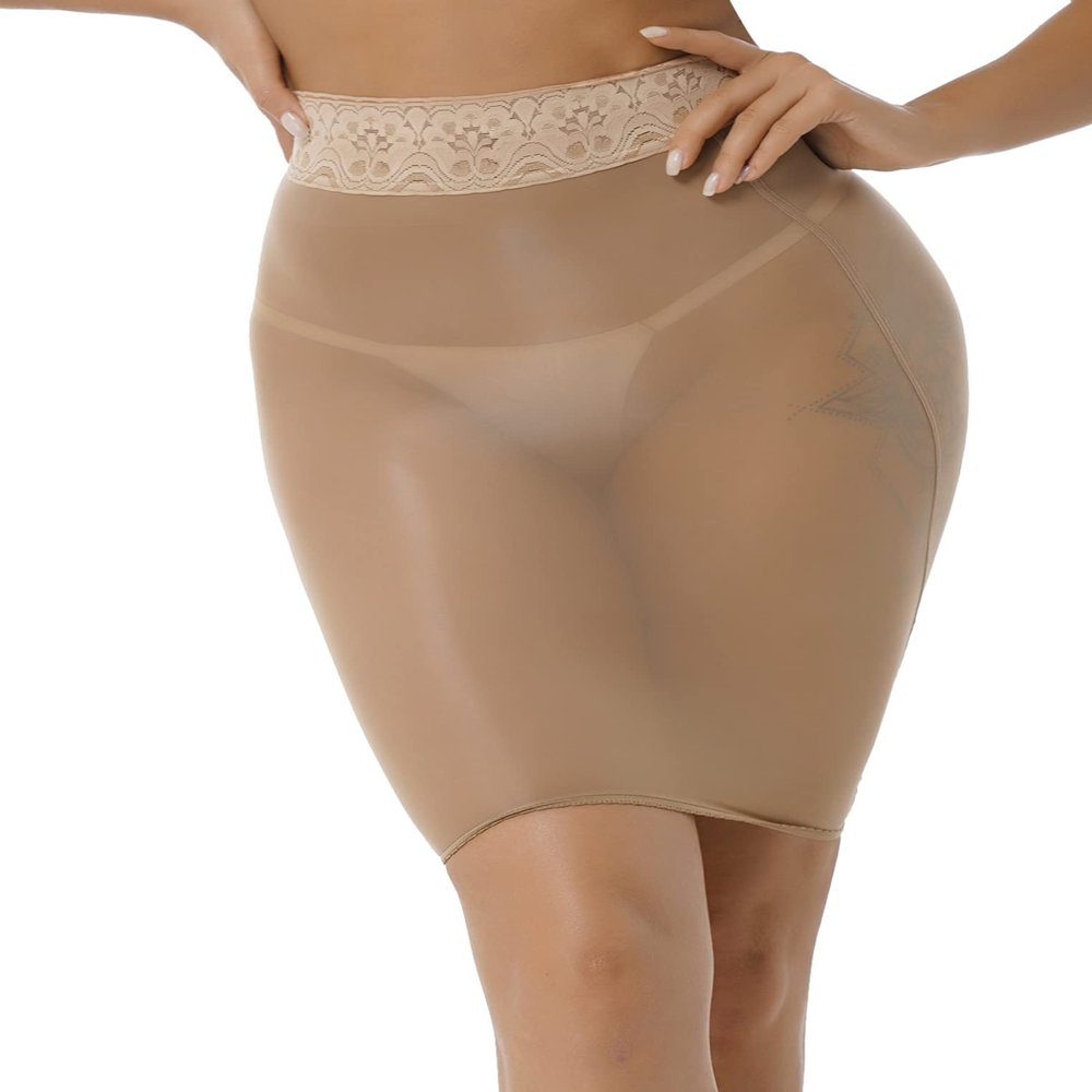 Oyolan Women Semi See-Through Glossy Pencil Skirt Lace Top High Waist Bodycon Skirts Stretch Mini Skirt Nude One Size