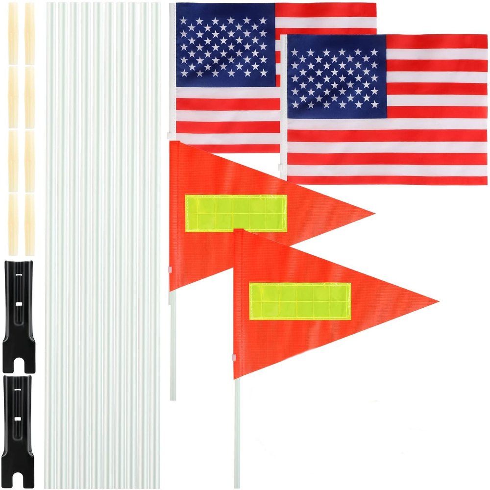 2 Sets Bike Safety Flag with Pole Heavy Duty Fiberglass Pole US Flag Orange Safety Flag Adjustable Bicycle Flag Pole for Outdoor Cycling Supplies