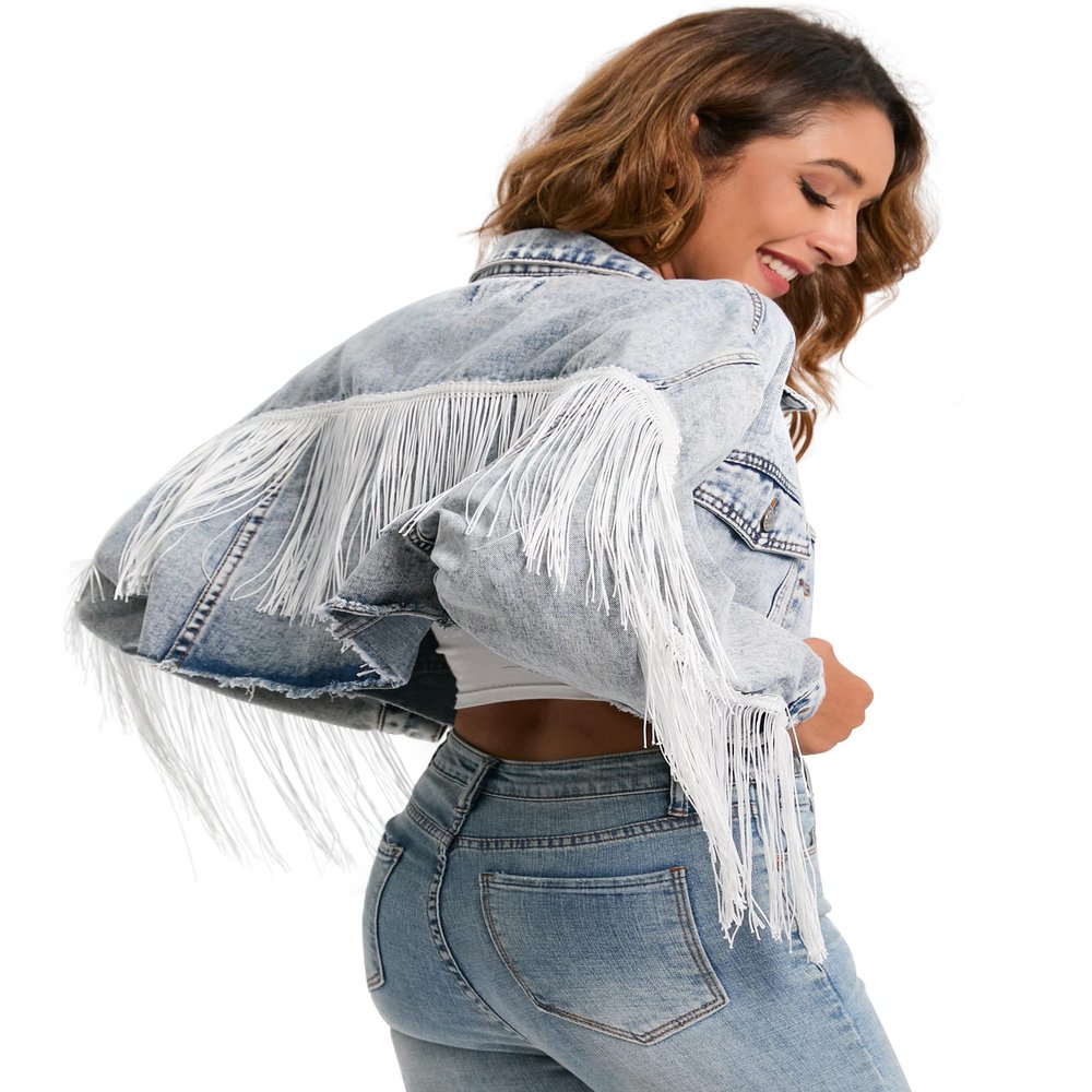Justalwart Fringe Jean Jacket Women Cropped Denim Jacket,Acid Blue Washed (12-14 US)