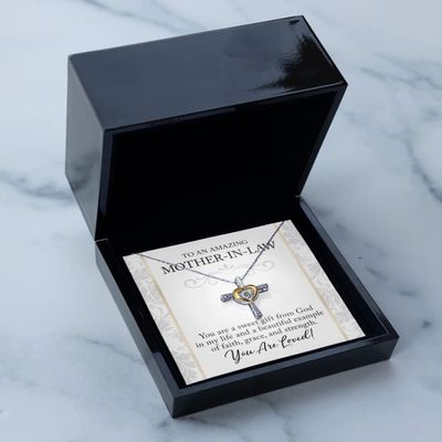 Cross Dancing Necklace Luxury Box Mother in Law Cross Necklace Gift for Mothers Day Silver Cubic Zirconia with 14K Gold Plated Heart Jewelry with M