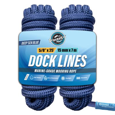 Premium Nylon Boat Dock Lines & Ropes for Docking & Pontoon | Double Braided Marine Rope | Boat Ropes for Docking with Loop | UV & Saltwater Resistant Dock Rope (Deep Sea Blue, 5/8 x 25)
