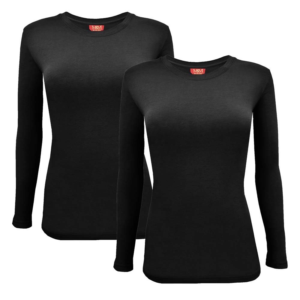 ACTIVE UNIFORMS Women's Under Scrub Tee Crew Neck Long Sleeve T-Shirt 2- Pack (Black, Large)