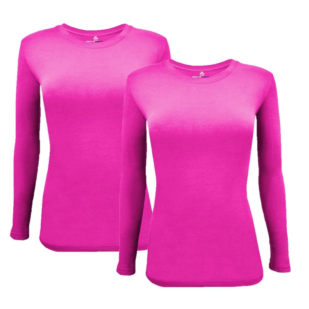 ACTIVE UNIFORMS Women's Under Scrub Tee Crew Neck Long Sleeve T-Shirt 2- Pack (Neon Pink, X-Small)