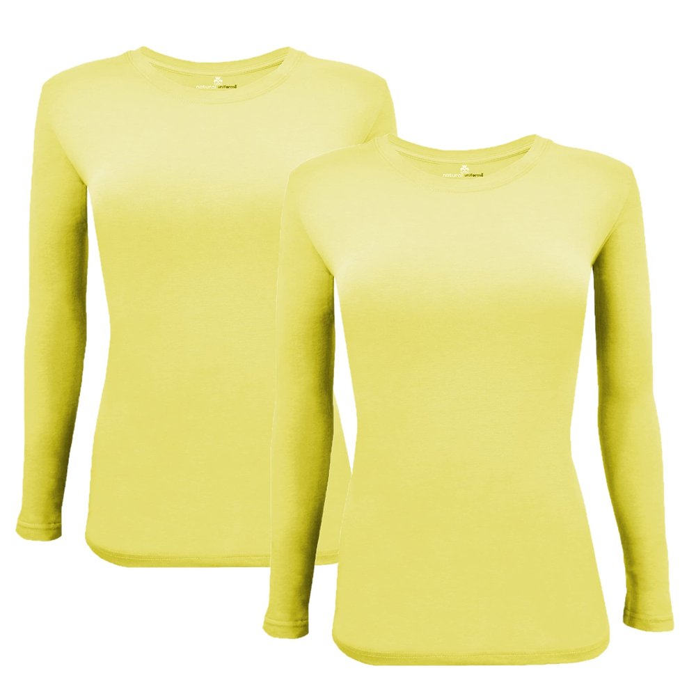 ACTIVE UNIFORMS Women's Under Scrub Tee Crew Neck Long Sleeve T-Shirt 2- Pack (Yellow, XX-Small)