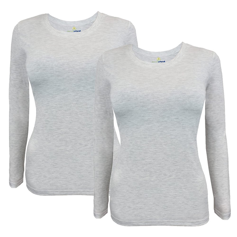 ACTIVE UNIFORMS Women's Under Scrub Tee Crew Neck Long Sleeve T-Shirt 2- Pack (Heather Grey, Small)