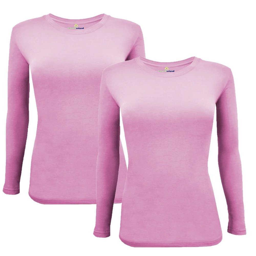 ACTIVE UNIFORMS Women's Under Scrub Tee Crew Neck Long Sleeve T-Shirt 2- Pack (Pink, Small)