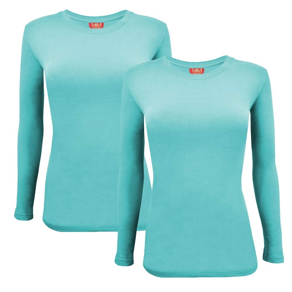 ACTIVE UNIFORMS Women's Under Scrub Tee Crew Neck Long Sleeve T-Shirt 2- Pack (Aqua Blue, Large)