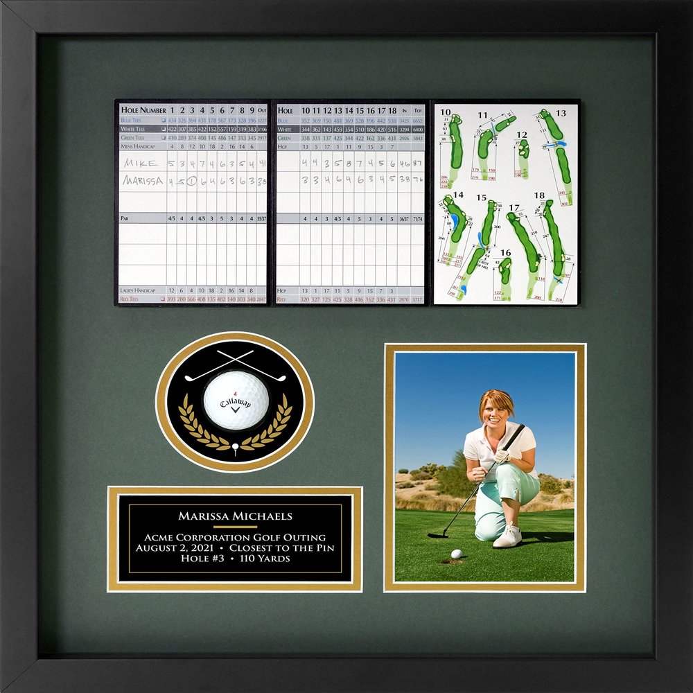 Universal Golf Achievement, Event, Award Display Case Frame for Ball, Scorecard, Photo & Printed Graphic Info Insert (Premium, 4 Components)