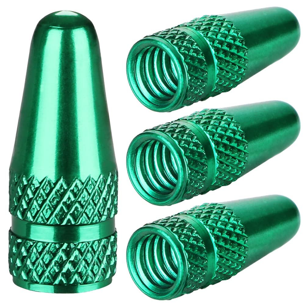 Aluminum Presta Valve Stem Caps  Green Tire Air Dust Covers for Bike (4 Pack)  Fit French Valves on Road, MTB, Hybrid, Racing, Fitness, Folding & Fat Bikes