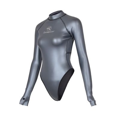 Womens Wetsuit 2mm Smooth-Skin Neoprene Wetsuit Silver Grey with Open-Back & T-Back Bottom One-Piece Long Sleeve Swimsuits for Women Diving Surfing Snorkeling