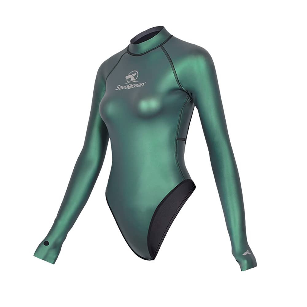 Womens Wetsuit 2mm Smooth-Skin Neoprene Wetsuit Green with Open-Back & T-Back Bottom One-Piece Long Sleeve Swimsuits for Women Diving Surfing Snorkeling