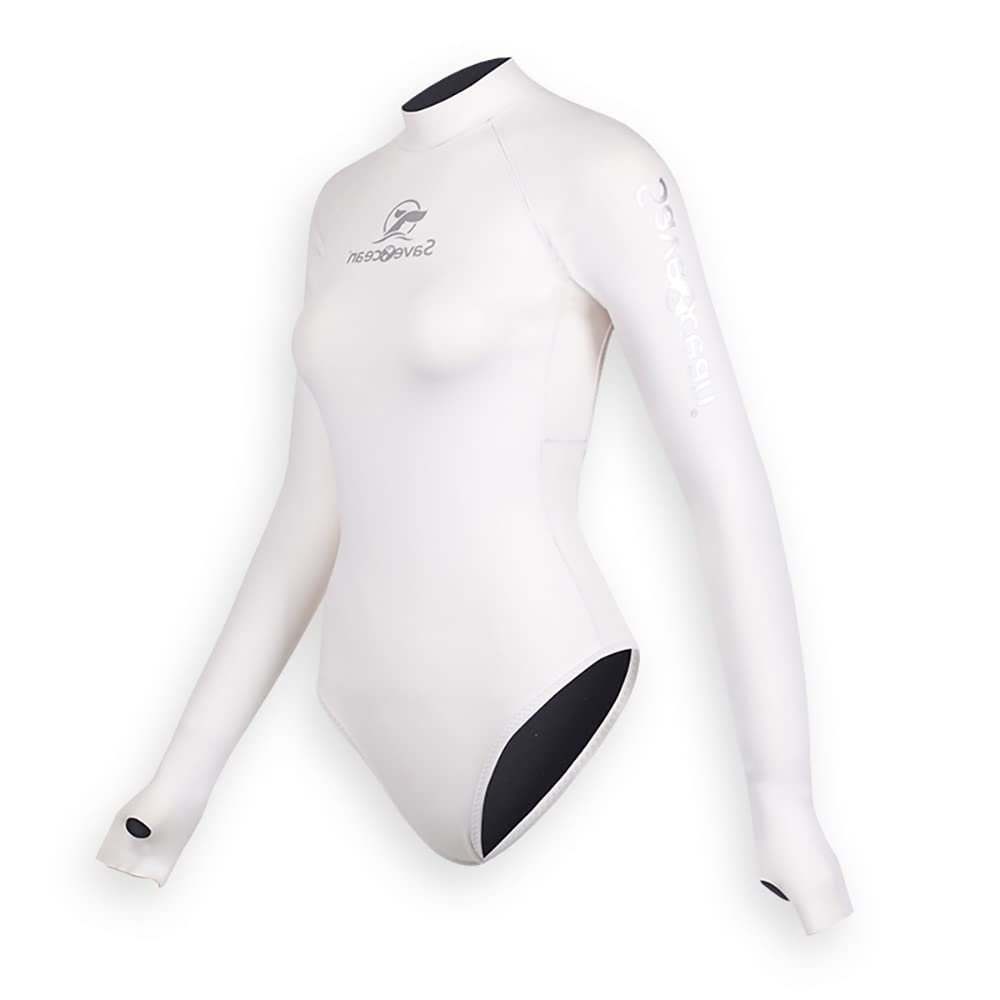 Womens Wetsuit 2mm Smooth-Skin Neoprene Wetsuit White with Open-Back & High Hip Bottom One-Piece Long Sleeve Swimsuits for Women Diving Surfing Snorkeling