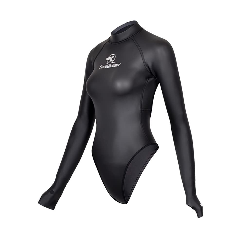Womens Wetsuit 2mm Smooth-Skin Neoprene Wetsuit Black with Open-Back & T-Back Bottom One-Piece Long Sleeve Swimsuits for Women Diving Surfing Snorkeling