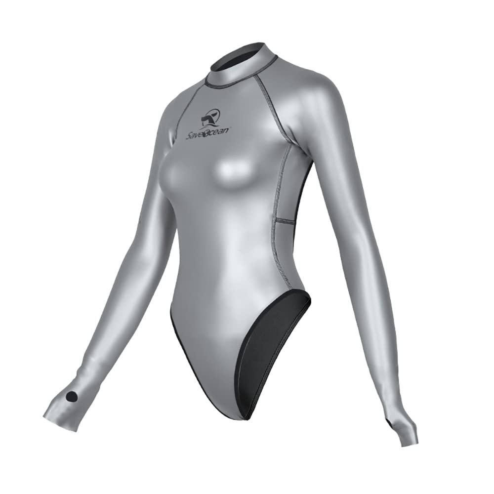 Womens Wetsuit 2mm Smooth-Skin Neoprene Wetsuit Silver with Open-Back & T-Back Bottom One-Piece Long Sleeve Swimsuits for Women Diving Surfing Snorkeling