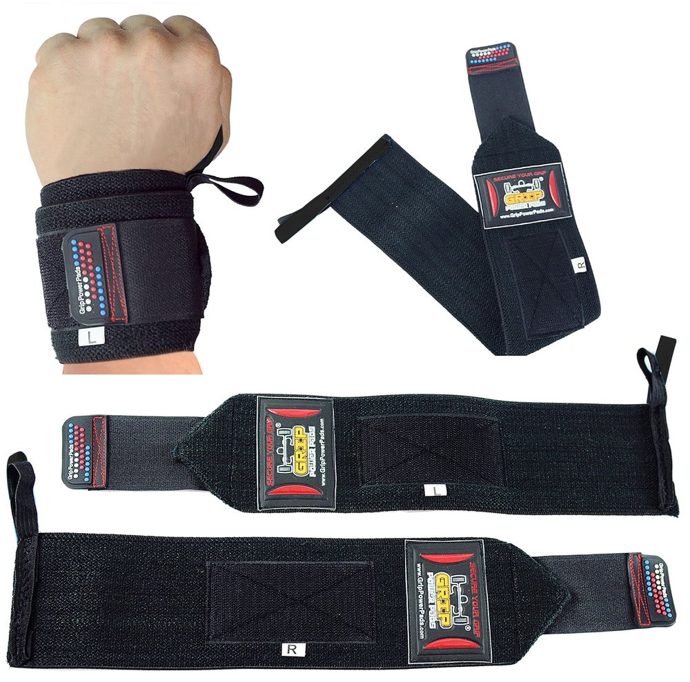 Grip Power Pads Wrist Wraps 2 Wraps for Weight Lifting Wrist Support Cotton Wraps Gym Bandage Straps for Men & Women Premium Quality & PRO Rubber (JR Black, 13" Inches)