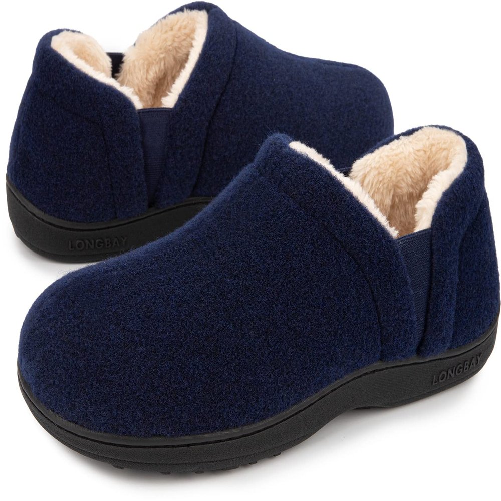 LongBay Men's Slippers Warm Bedroom Memory Foam House Shoes Slip-On for Indoor Outdoor Winter (Navy Blue, 9-10)