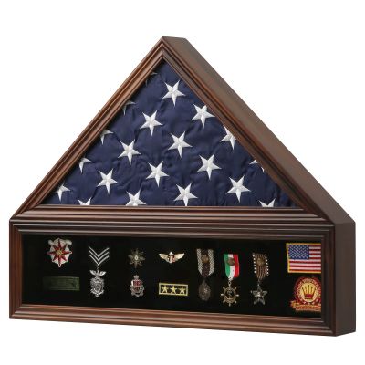 Zmiky Veteran Burial Flag Display Case American Flag Solid Wood Display Case Fits a 5 X 9.5 Flag Folded Military Shadow Box with Felt Lining Holder for Pins Insignia Medals Challenge Coins, Walnut
