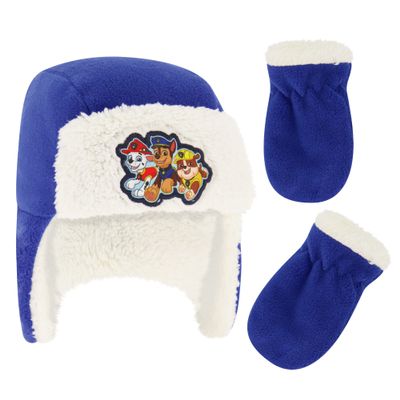 Nickelodeon Boys Winter Hat Set, Paw Patrol's Marshall, Chase and Rubble Toddler Beanie and Mittens for Kids Age 2-4, Blue/White With Fleece