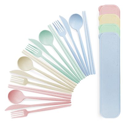 4 Sets Reusable Travel Utensils Set with Case, TWUTGAYW Portable Camping Utensil Set, BPA Free Spoon Knife Fork Chopsticks Tableware for Kids, Plastic Cutlery Set for Lunch Picnic Daily Use(4 Colors)