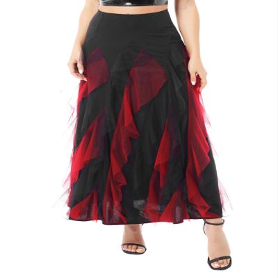Moily Women Girls Elegant Ballroom Latin Dance Party Long Swing Tiered Skirt Lyrical Dancewear Black&Red Large