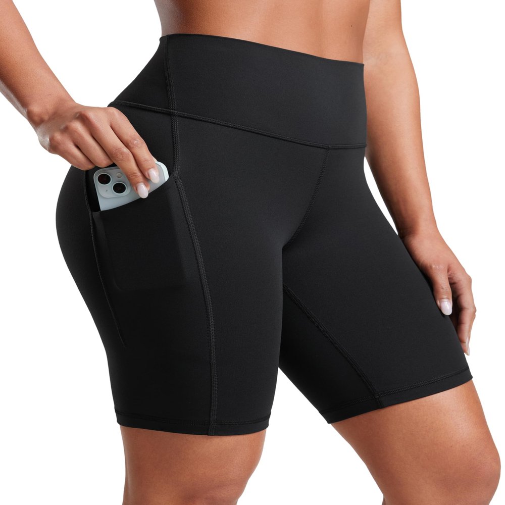 CRZ YOGA Butterluxe Biker Shorts Pockets 8" - High Waisted Workout Yoga Volleyball Buttery Soft Womens Black Medium